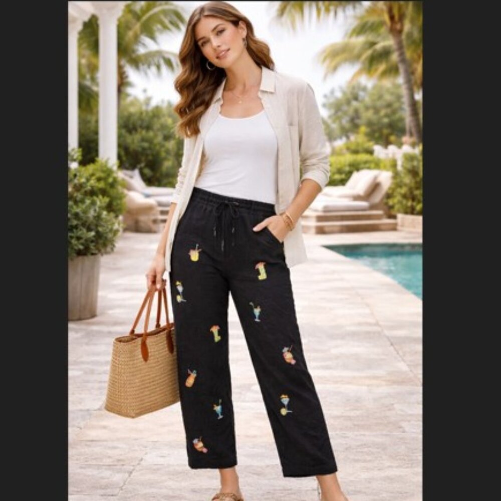 Saint Tropez West Linen Pants Womens 16 Black Embroidered Resort Chic
